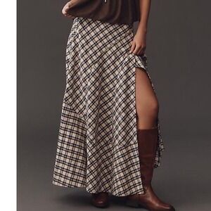 Anthropologie Seamed Plaid Wrap Maxi Skirt Petite XS Neutral Beige New With Tags